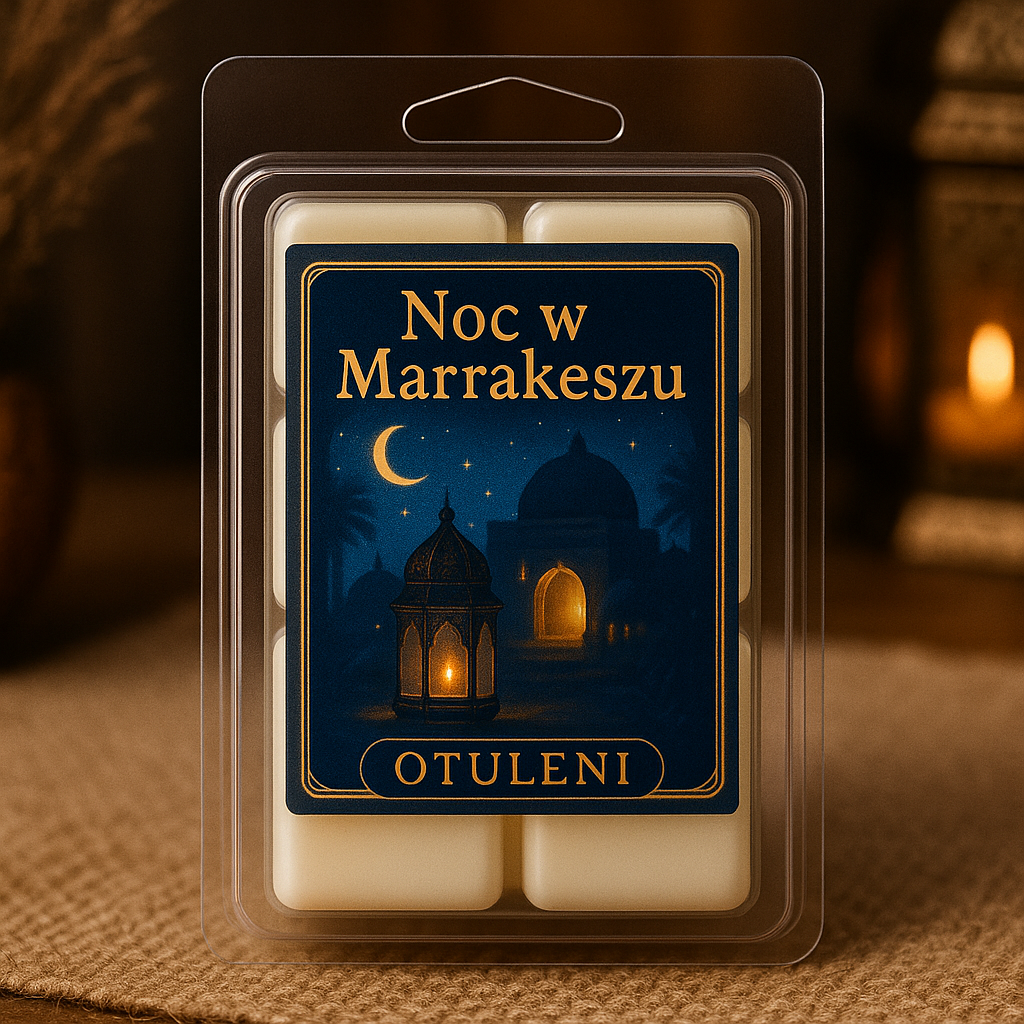 Obraz przedstawia wosk zapachowy w formie kostek zamknięty w plastikowym opakowaniu z etykietą w granatowych barwach z napisem „Noc w Marrakeszu” oraz „Otuleni” ilustracja na etykiecie ukazuje księżyc gwiazdy i orientalne budowle z podświetlonymi wnętrzami tworząc klimat tajemniczej nocy